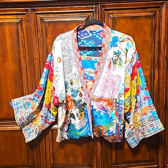 JOHNNY WAS DREAMER PRINT REVERSIBLE SILK  KIMONO W/EMBROIDERY SZ. MD! - Picture 3 of 16